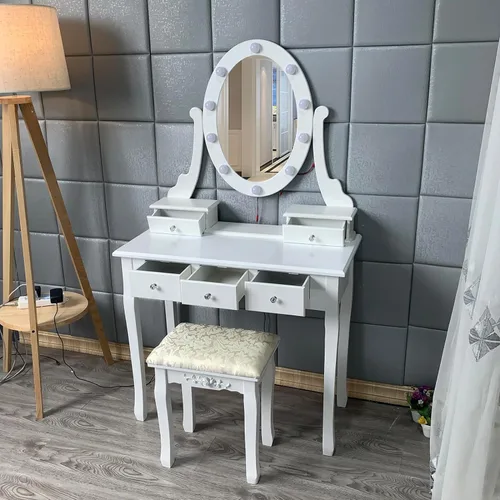 Miniatura 6 de Escritorio de tocador con espejo y luces – Tocador de maquillaje de madera, espejo ovalado y taburete, 3 modos de iluminación, 5 cajones grandes