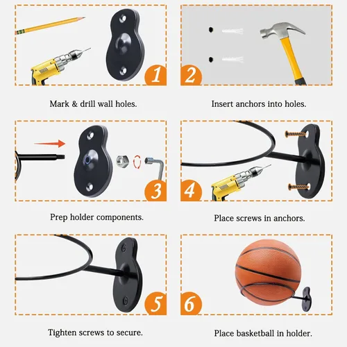 Miniatura 6 de Soporte de pared para baloncesto, soporte de bola de metal de 7 pulgadas de diámetro, almacenamiento de pelotas para baloncesto, fútbol, voleibol