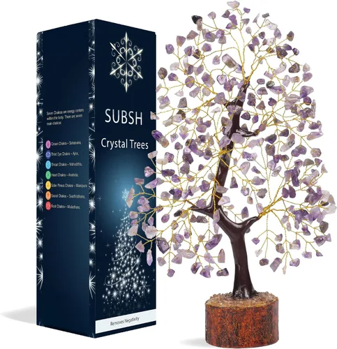 Miniatura 23 de Árbol de la vida de cristal amatista de 10-12 pulgadas con 2 colgantes de chakra – Bonsái de cristal sanador, árbol del dinero para energía