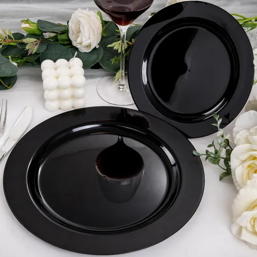 Miniatura 4 de FLOWERCAT 100 platos de plástico negro, platos desechables negros resistentes para fiesta de cumpleaños, boda, día del padre, para 50 invitados