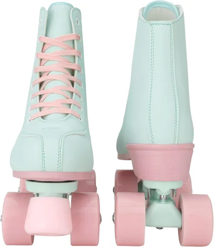 Miniatura 6 de XUDREZ Patines de ruedas para niñas y mujeres, de piel sintética verde claro, para interiores y exteriores, con ruedas de luz rosa para jóvenes