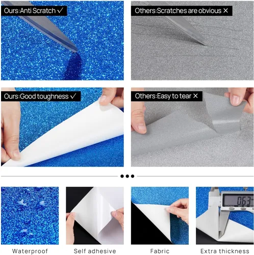 Miniatura 4 de FunStick Cartulina azul real con purpurina de 15.8 x 78.8 pulgadas, papel de purpurina azul autoadhesivo, cartulina brillante para Cricut