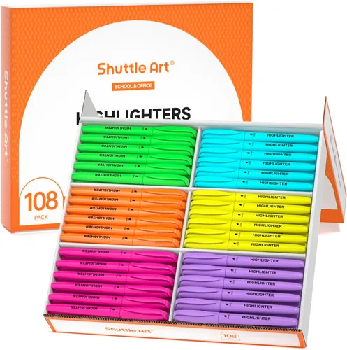 Shuttle Art Paquete de 108 resaltadores, resaltadores de colores surtidos, 6 colores brillantes, punta de cincel de secado rápido, marcadores no