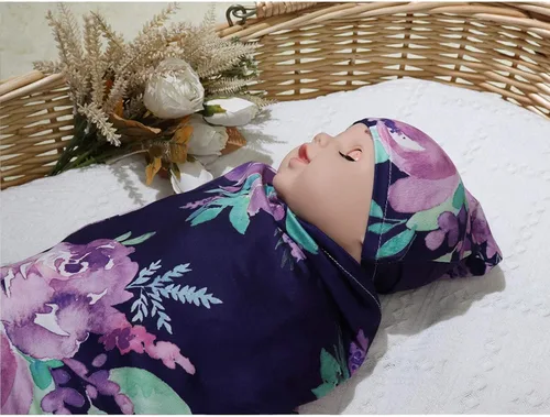 Miniatura 7 de Manta de envolver para recién nacido con juego de gorro, manta elástica suave para bebés niños y niñas de 0 a 3 meses (flor morada)