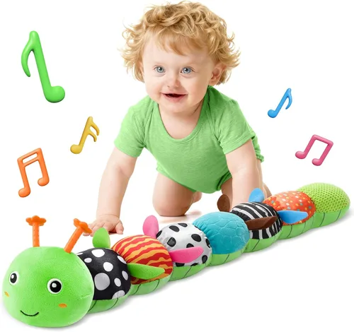 HEMRLY Juguetes de Regalo para Bebés, Juguete Sensorial de 0-6 Meses, Peluche Musical de Oruga con Mordedor Suave, Sonajero para el Tiempo Boca Verde