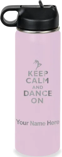 Miniatura 75 de LaserGram Botella de agua personalizada, mantén la calma y baila, acero inoxidable de doble pared aislada al vacío con popote superior, regalo Rosa