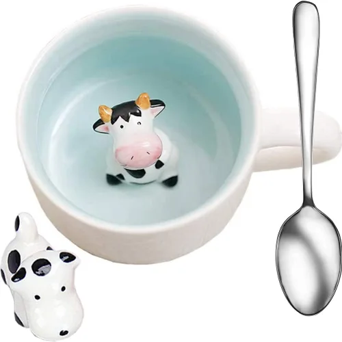Tazas de café de cerámica con diseño de vaca, 3 piezas, tazas de café de cerámica con manualidades, porcelana pequeña, vaca y cuchara, taza de