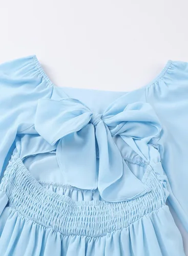 Miniatura 5 de blibean Vestido de manga larga con lazo en la espalda para niñas, vestido de otoño con hombros descubiertos, talla 6-15 años