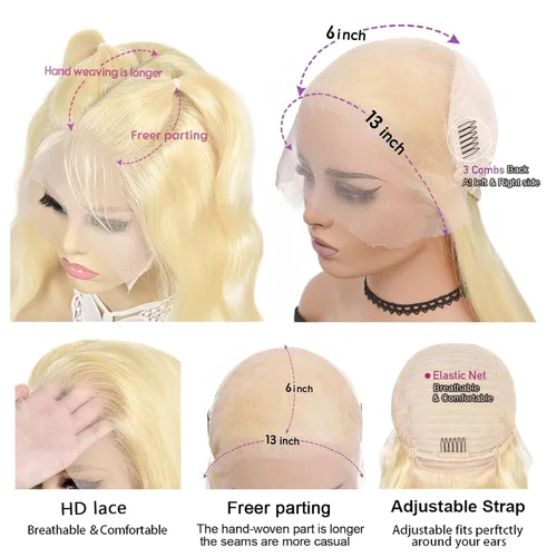 Miniatura 4 de Alipeacock Peluca de cabello humano 613 con encaje frontal de 13 x 6, densidad del 200 %, pelucas de cabello humano ondulado rubio prearrancado