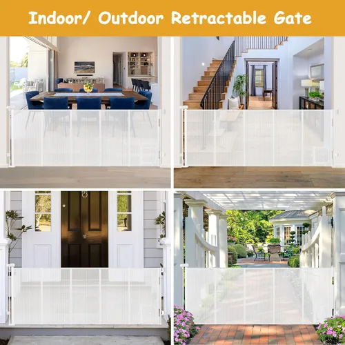 Miniatura 7 de Puerta retráctil extra ancha reforzada de 90 pulgadas para bebés con puerta para gatos, puertas retráctiles de 33 pulgadas de alto para perros Blanco