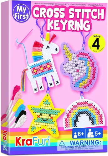 Miniatura 8 de KRAFUN Kits de Punto de Cruz para Niños Principiantes, 4 Llaveros de Punto de Cruz Artes y Manualidades con Animales, Unicornio, Kit de Bordado