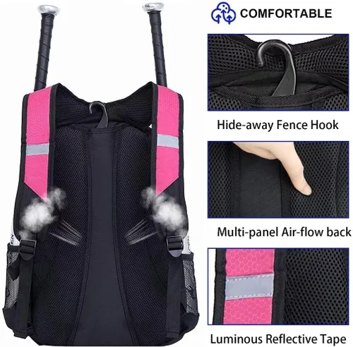 Miniatura 5 de DAFISKY, Mochila para Bolsón de Béisbol y Sóftbol - Mochila para Equipo de Bate de Béisbol, Sóftbol y Bola T para Jóvenes y Adultos con Soportes Rosa