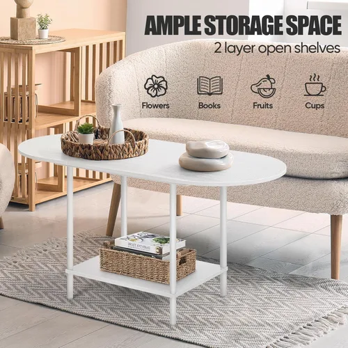 Miniatura 5 de Mesa de centro blanca para sala de estar, mesa central ovalada de mediados de siglo con estante de almacenamiento y superficie de madera, mesa de té