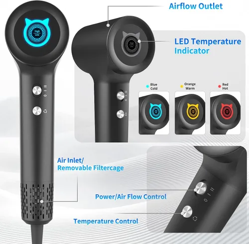Miniatura 2 de BQSS Secador de pelo, 110000 rpm, secador de pelo iónico positivo negativo para mujeres, secador de pelo portátil de viaje con boquilla