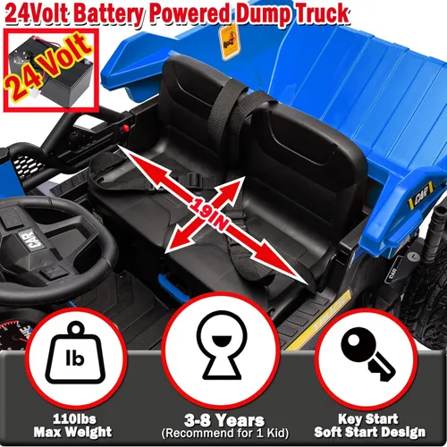 Miniatura 7 de NEWQIDA Camión volcador de 24V para niños, coche eléctrico con control remoto, vehículos de construcción con cama basculante eléctrica, pala, 2 Azul