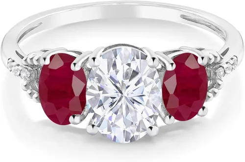 Miniatura 2 de 10K White Gold 3-Stone Ring Forever Brilliant Oval 274cttw Created Moissanite by Charles Colvard and Ruby