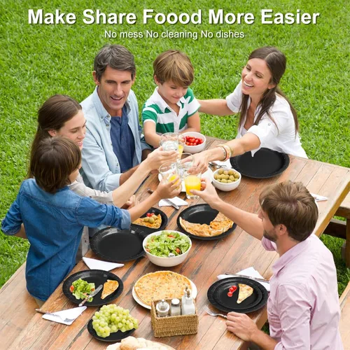 Miniatura 7 de Black Paper Party Plates Supplies 400GSM -100pcs - 50 x 10 Dinner Plates and 50 x 8 Dessert Plate,Suitable for Birthday,Family Negro