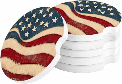 Miniatura 2 de Portavasos retro con la bandera estadounidense para mujeres/hombres, paquete de 4 posavasos absorbentes de cerámica para bebidas, juego de posavasos