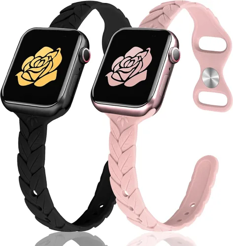 Miniatura 9 de JR.DM - Paquete de 2 bandas de silicona grabadas compatibles con Apple Watch de 38/40/41/42/44/45/46/49 mm, correa delgada y femenina de hoja