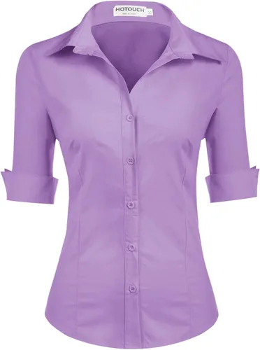 Miniatura 8 de HOTOUCH Camisa de manga 3/4 con botones para mujer, blusas de trabajo ajustadas, camisas de vestir de algodón, camisas de oficina