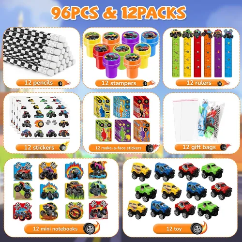 Miniatura 2 de BenLouis 96 Piezas Artículos de Fiesta de Camiones Monstruo Sellos y Calcomanías de Cumpleaños de Camión Automóvil Conjunto de Artículos Escolares
