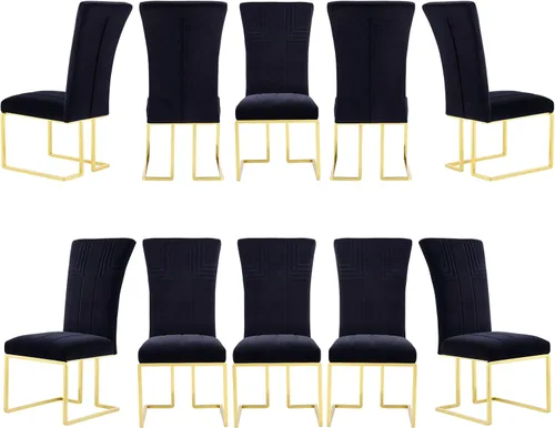 Miniatura 16 de AUZ Juego de 6 sillas de comedor negras y doradas, sillas tapizadas de terciopelo negro con patas de trineo de acero inoxidable pulido, sillas