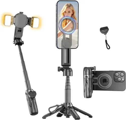 Mag-Safe - Mini palo magnético para selfie, 4 en 1, pequeño trípode portátil de bolsillo para iPhone/Android, con clip de teléfono extraíble,