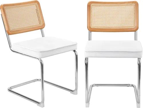 Juego de 2 sillas de comedor de ratán, sillas modernas de mediados de siglo con patas cromadas de metal, sillas con respaldo de caña sin brazos con