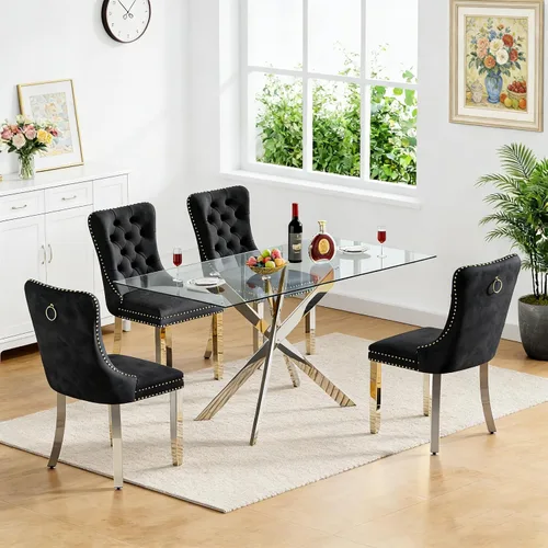 Miniatura 12 de Juego de 4 mesas de comedor de cristal para 4, juego de 4 mesas y sillas de cocina modernas, juego de mesa de comedor de cocina de 5 piezas con mesa