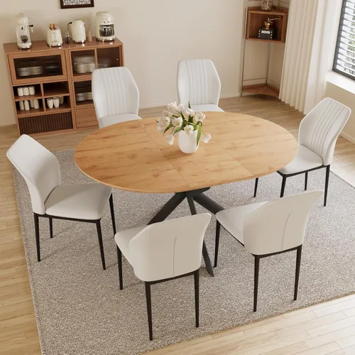 Miniatura 11 de HIPIHOM - Mesa de comedor redonda extensible de 43.2"-59.1", mesa redonda moderna de madera de mediados de siglo, mesa de café de roble para ocio