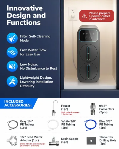 Miniatura 7 de E8 800GPD Sistema compacto de ósmosis inversa 800 GPD Filtro de agua RO de flujo rápido, 9 etapas sin tanque bajo el fregadero Sistema de filtración