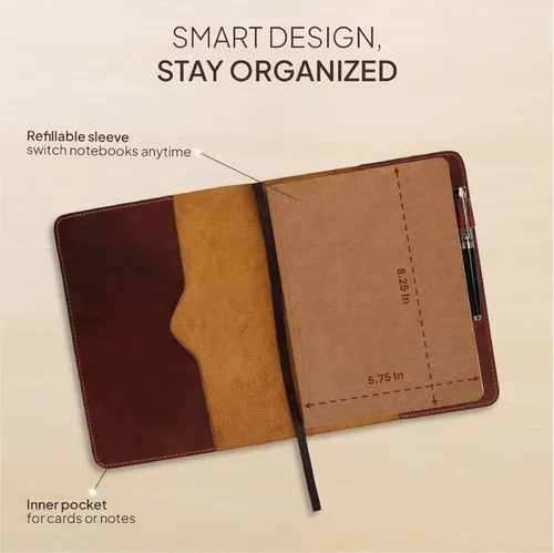 Miniatura 3 de Funda de diario de cuero marrón A5 de 5.75x8.25 pulgadas, funda recargable para diario grande Moleskine, funda de cuaderno de cuero hecha a mano A5