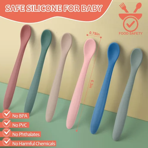 Miniatura 2 de Cucharas de silicona para bebés de 6 piezas para la primera etapa, punta suave, fácil de poner en las encías, cuchara de entrenamiento Utensilios