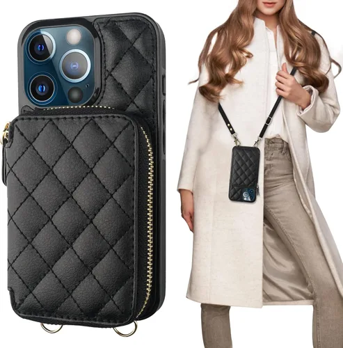 Bocasal Funda tipo cartera cruzada para iPhone 13 Pro, con bloqueo RFID, de piel sintética, con cremallera, funda tipo cartera con función atril y