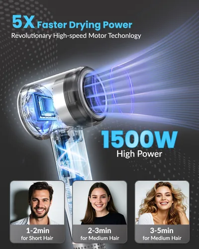 Miniatura 3 de Secador de pelo, 110000 RPM profesional con motor sin escobillas para secado rápido, secador de pelo compacto silencioso con difusor magnético