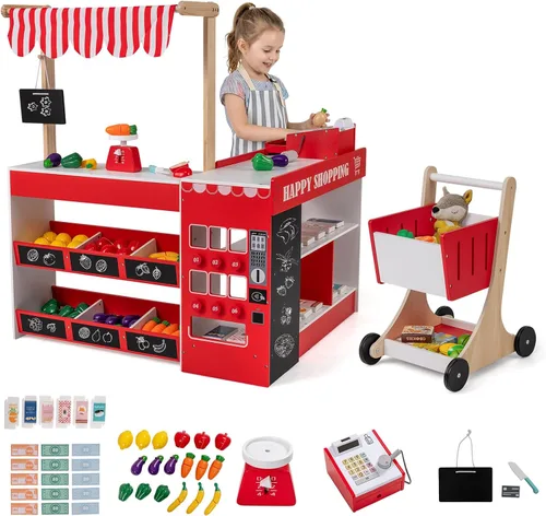 Miniatura 11 de Costzon Juego de simulación para tienda de comestibles, tienda de juegos de madera, juego de supermercado para niños pequeños con caja registradora