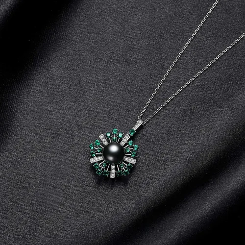 Miniatura 5 de VIKI LYNN 0.394-0.433 in AAA Negro Tahití Cultivado Perla Colgante Collar Joyería para Mujeres con Espinela Verde, Plata esterlina Perla Zirconia