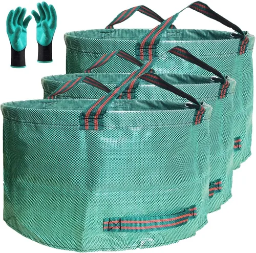 Paquete de 3 bolsas profesionales de 63 galones para césped y jardín, grandes (D31, 19 pulgadas de alto), con guantes de jardinería, estándar, bolsa