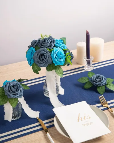 Miniatura 6 de DuHouse 25 rosas artificiales con tallos, flores de espuma de tacto real para bricolaje, ramo de boda, fiesta, centro de mesa, arreglo floral, Azul