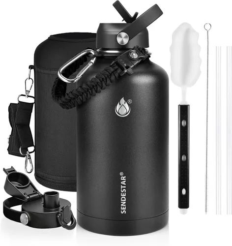 Miniatura 12 de SENDESTAR Botella de agua aislada de 24 onzas, boca ancha, botella de agua de 24 onzas con tapa con popote, tapa de boquilla, acero inoxidable