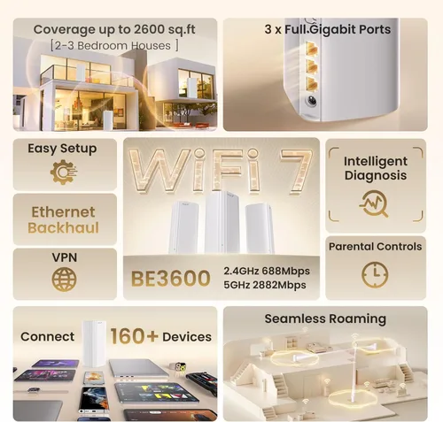 Miniatura 2 de Tenda Sistema de malla WiFi 7 BE3600 - Sistema WiFi de malla de doble banda para el hogar, red de malla sin costuras con 3 puertos Gigabit, soporta