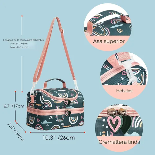 Miniatura 5 de Bolsas de almuerzo aisladas para niños con doble compartimento, bolsa tipo tote para niñas, niños, niños pequeños, jardín de infantes, escuela