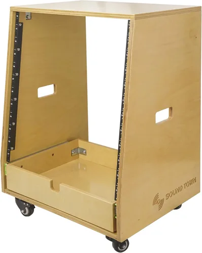 Miniatura 14 de Sound Town Estante inclinado de madera contrachapada de abedul báltico macizo de 12U con espacio de estante de 12U, cajón extra de 2U, patas