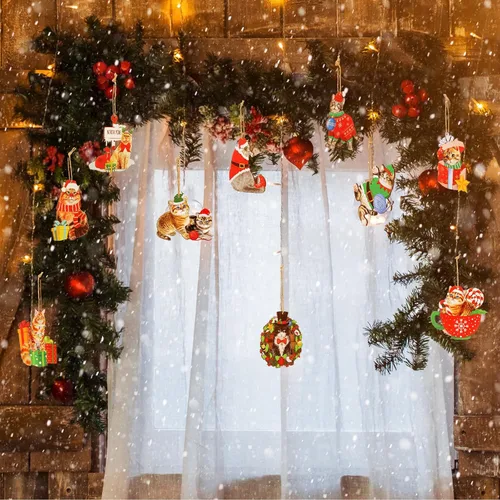 Miniatura 4 de Tiamon 20 adornos de madera de Navidad para árbol de Navidad, decoración colgante surtida, cachorro, perro, gato, vaca, oso, cardenal, pájaros