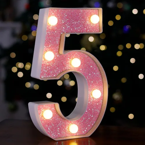 Miniatura 25 de Letras con luces LED, letras de marquesina con brillantina rosa, letras del alfabeto, letreros iluminados por pilas, para decoración de fiestas
