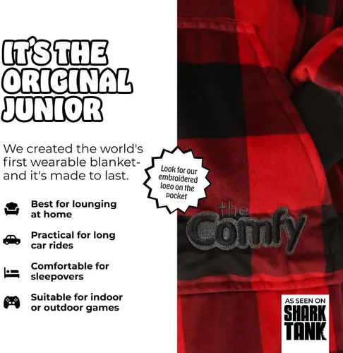 Miniatura 2 de THE COMFY Original Jr para niños Manta de sherpa de forro polar de gran tamaño con capucha y bolsillo Vista en Shark Tank Cuadros rojos