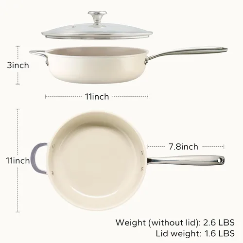 Miniatura 8 de Redchef Sartén Salteadora de Cerámica con Tapa, Sartén Profunda Antiadherente para Freír, Cocinera Jumbo de 5QT con Mango Auxiliar y Tapa, Sartén