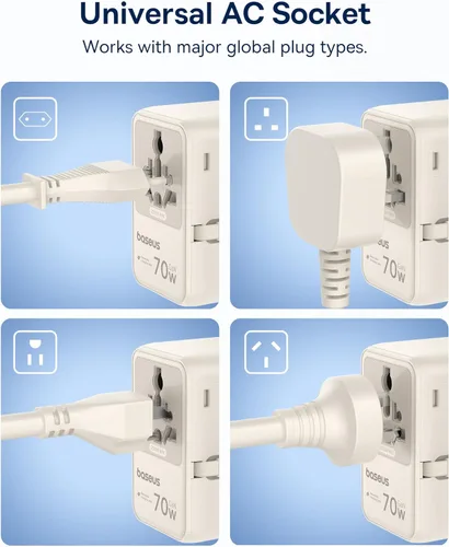 Miniatura 7 de Baseus Adaptador de viaje universal de 70 W con cable retráctil, adaptador de enchufe internacional 6 en 1, cargador de pared USB-C PD de carga