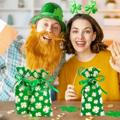 Miniatura 5 de Whaline 160 bolsas de celofán del día de San Patricio, trébol de trébol, caramelos, bolsas de celofán, bolsas de plástico con cinta verde