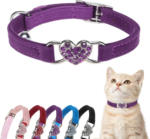 Miniatura 14 de BINGPET collar ajustable para gatos, de terciopelo suave, seguro, collares Bling diamante con cascabel, Adjustable, Rosado claro Rosa